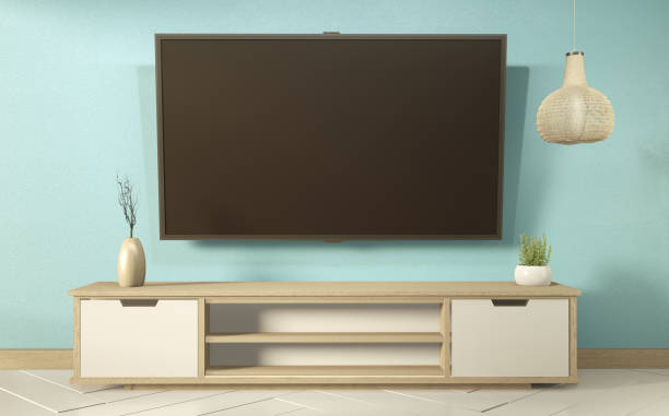 istock Tv shelf in mint room modern tropical style - empty room interior - minimal design. 3d rendering 1199686213