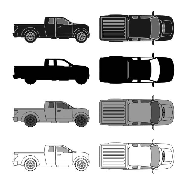 illustrations, cliparts, dessins animés et icônes de forme de contour d'esquisse de vue de voiture et le ramassage latéral, pour le régime de stationnement ou la présentation d'architecture, taille réelle de proportion. noir isolé sur le vecteur blanc, marque populaire ford f-150, modèle commun - maquette darchitecture