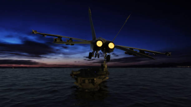 Military fighter landing on aircraft carrier in ocean 3d render