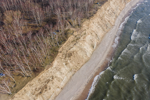 Aerial view of white sand  beach and sea in Kaliningrad region.