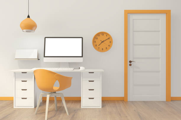 istock Mock up computer with blank screen  and decoration in orange office room mock up background.3D rendering 1199689426