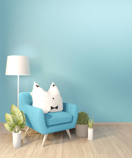 istock Interior poster mock up light blue living room design.3D rendering 1199689617