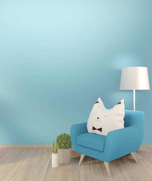 istock Interior poster mock up light blue living room design.3D rendering 1199689755