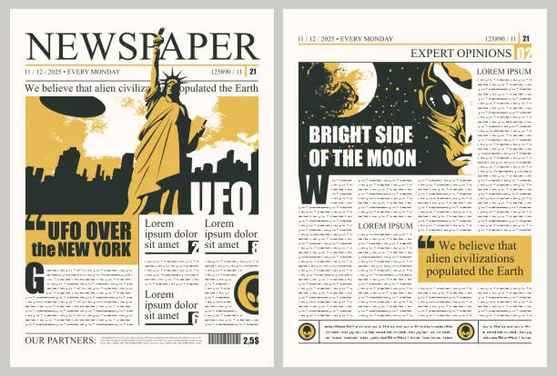 Vector illustration of template for layout of us newspaper on the UFOs theme