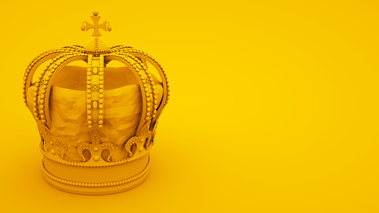 Royal gold crown on yellow background. Minimal idea concept, 3d illustration.
