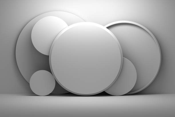 Presentation mock up with circular shapes standing next to wall in gray colors. 3d illustration.