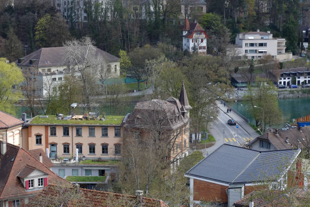 베른의 아레 강 양쪽에 건물이 있습니다. - bridge people berne river 뉴스 사진 이미지