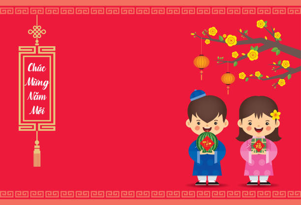 ilustrações de stock, clip art, desenhos animados e ícones de vietnamese new year (tet) - cartoon vietnamese couple holding watermelon & banh chung with yellow apricot blossom - asian cuisine food asian ethnicity vietnamese cuisine