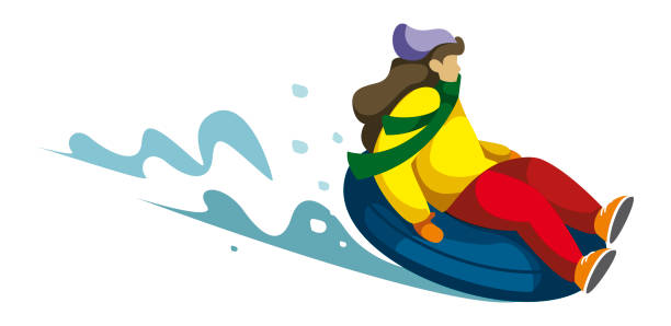 istock a girl in bright clothes rolls down the mountain on a tubing 1199699120