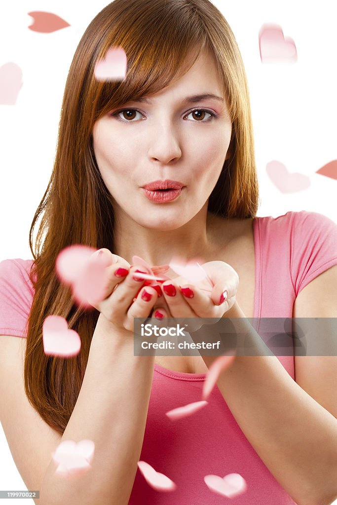 woman blowing up kiss beautiful woman blowing up kiss with hearts Adult Stock Photo