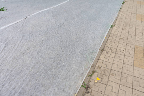 istock New lawn with green grass under nonwoven fabric for mulching. 1199700802