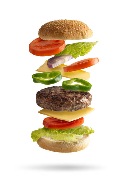 istock hamburger sandwich flying, isolated from the white background 1199703090