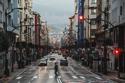 An avenue in the city center of Bilbao, Spain.