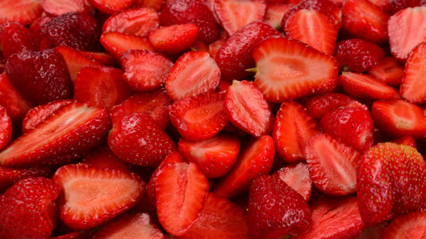 istock Strawberry slices. Fresh berries macro. Fruit background. Top view. 1199704774