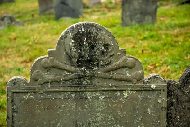 istock Old Skull Gravestone in Cemetery Graveyard 1199706107