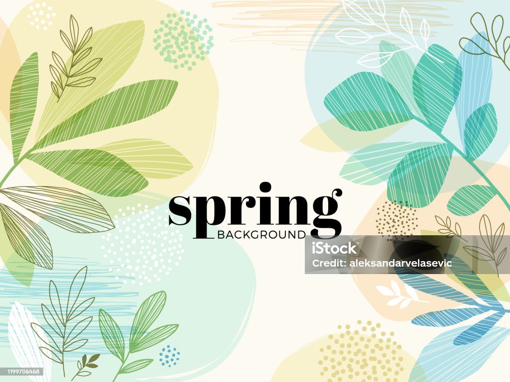 Hand Drawn Spring Leaves Background Modern hand drawn spring background with abstract leaves. Springtime stock vector