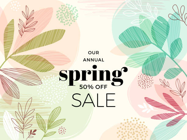 Modern hand drawn spring background with abstract leaves.