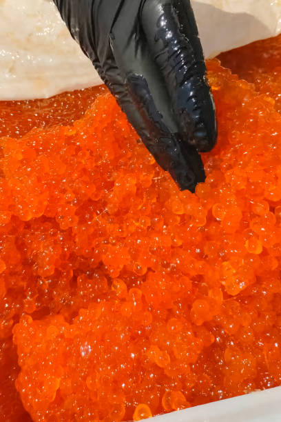 red caviar in plastic container. salmon caviar, diet food. - plank bread caviar close up imagens e fotografias de stock