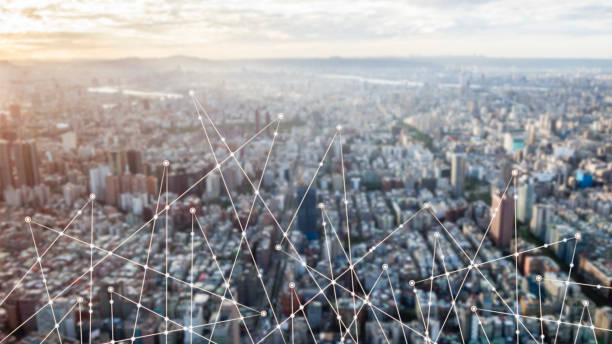 istock Downtown district in China with illustrated network connection lines 1199708167