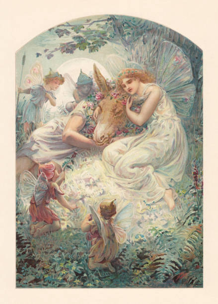 A Midsummer Night's Dream by William Shakespeare, chromolithograph, published 1899 A Midsummer Night's Dream, a comedy written by William Shakespeare in 1595/96. The play is one of Shakespeare's most popular works for the stage and is widely performed across the world. Chromolithograph, published in 1899. engraving william shakespeare art painted image stock illustrations