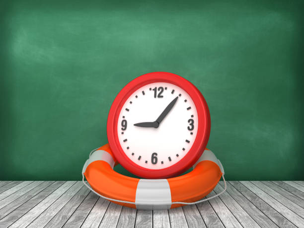 istock Life Belt with Clock on Wood Floor - Chalkboard Background - 3D Rendering 1199716767