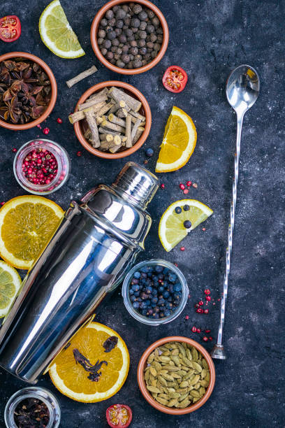 Ingredients for creating a cocktail and cocktail shaker on dark background Large assortment of aromatic spices and some citrus stock photo
