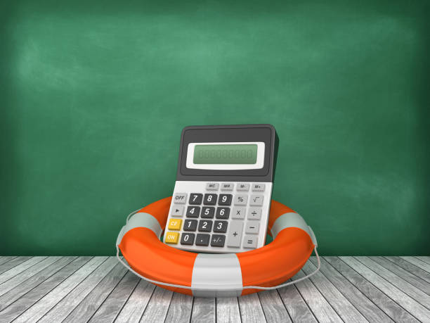 istock Life Belt with Calculator on Wood Floor - Chalkboard Background - 3D Rendering 1199716939
