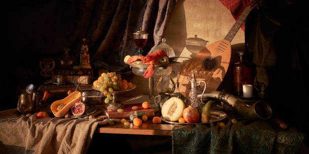 classic still life with lobster - medieval imagens e fotografias de stock