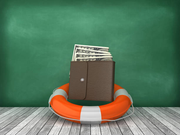 istock Life Belt with Dollar Wallet on Wood Floor - Chalkboard Background - 3D Rendering 1199718341