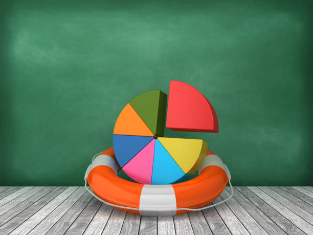 istock Life Belt with Pie Chart on Wood Floor - Chalkboard Background - 3D Rendering 1199718599