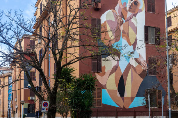 Rome, Italy - December 22, 2019: Murals in the museum district of Tor Marancia. Drawings by various street artists, on the facades of the buildings.