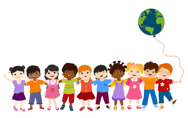 Communication isolated group of diverse multiethnic children standing together and holding each other. Diversity and culture. Oneness and friendship. Community. Multicultural Kindergarten. Childhood Group of children of different nationalities and cultures that interact and collaborate together. Teamwork concept between children. Globalization concept. World peace and unity and brotherhood among peoples. Connection and communication between multiethnic and multicultural children. Kindergarten with group of children embracing each other. cartoon earth happy planet stock illustrations