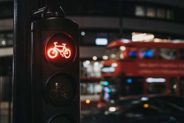istock Red light for cyclists on the traffic light, selective focus, in London, UK. 1199720676