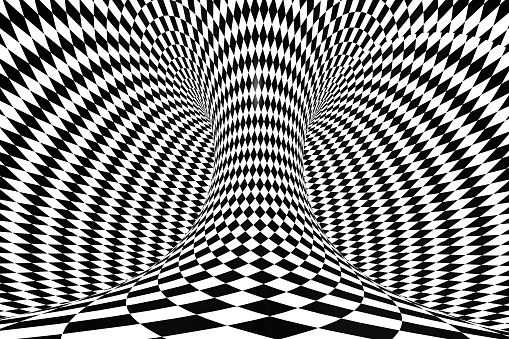 3D rendering of Abstract Psychedelic Checkered Pattern Optical Illusion Background.  Black and white color.