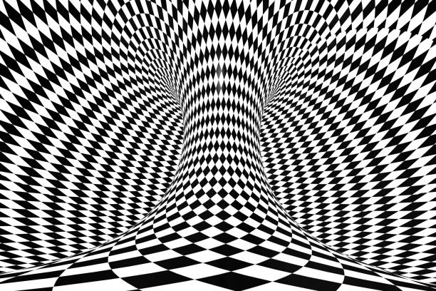 3D Abstract Psychedelic Checkered Pattern Optical Illussion Background 3D rendering of Abstract Psychedelic Checkered Pattern Optical Illusion Background.  Black and white color. moving optical illusions stock pictures, royalty-free photos & images