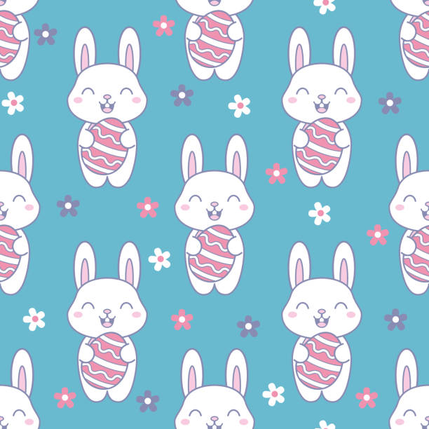 ilustrações de stock, clip art, desenhos animados e ícones de kawaii easter seamless pattern with a cute bunny. - color image colored background easter animal body part