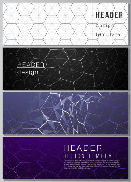 The minimalistic vector illustration layout of headers, banner design templates. Digital technology and big data concept with hexagons, connecting dots and lines, polygonal science medical background. The minimalistic vector illustration layout of headers, banner design templates. Digital technology and big data concept with hexagons, connecting dots and lines, polygonal science medical background header footer template stock illustrations