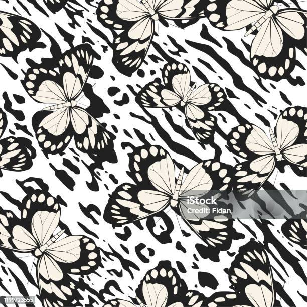 Seamless Vector Multicolor Butterflies Pattern Butterfly On Zebra Leopard  Print Trendy Animal Motif Wallpaper Fashionable Background For Fabric  Textile Design Banner Cover Stock Illustration - Download Image Now - iStock