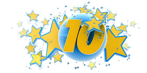 Tenth anniversary blue and yellow Background in blue and yellow colors with stars drops and spheres and the number ten 10 11 years photos stock pictures, royalty-free photos & images