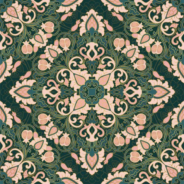 Vector illustration of Floral green pattern with pomegranate.