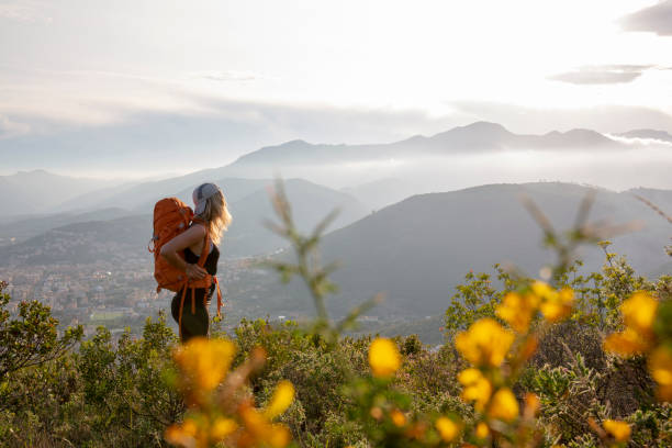 istock View through backlit blossoms to backpacker on a hilltop at sunrise 1199728538