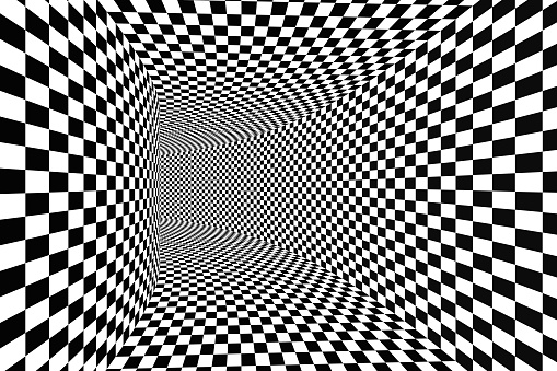 3D rendering of Abstract Psychedelic Checkered Pattern Optical Illusion Background.  Black and white color.