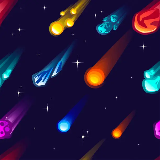 Vector illustration of Seamless pattern of meteors and comet with different colors and shapes flat vector illustration on outer space background with stars