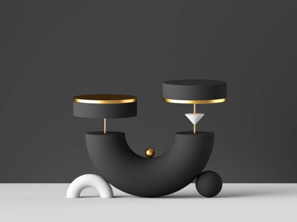 3d render, abstract minimal background. Gold, black white primitive geometric shapes, modern urban concept. Blank pedestal, cylinder podium, commercial showcase stand. Digital design