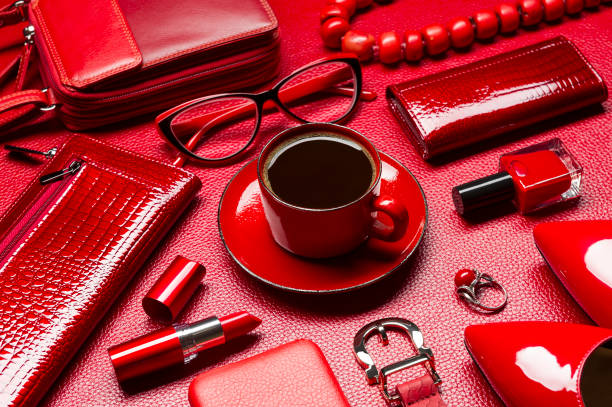 istock Woman red accessories and coffee 1199729909