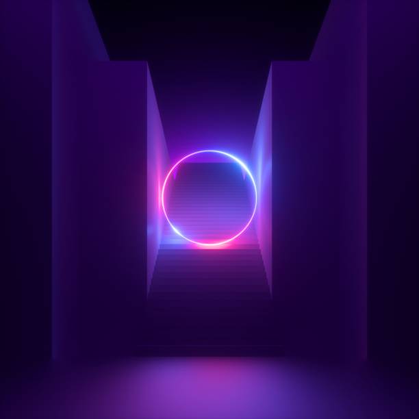 istock 3d render, abstract modern minimal violet background, pink blue neon light glowing ring, blank round frame. Empty staircase perspective. Futuristic urban concept 1199729993
