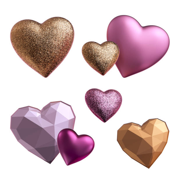 istock 3d render, assorted metallic pink and golden heart objects isolated on white background, Valentine day design elements set. Festive romantic clip art collection, love symbols. 1199730119