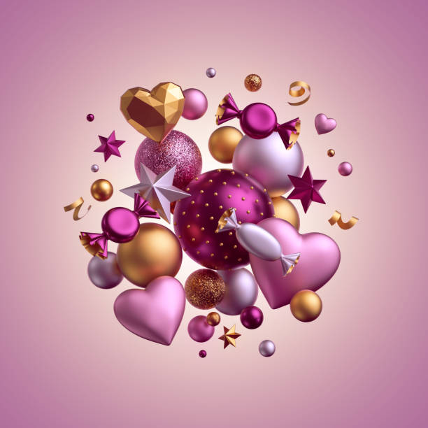 3d render. Valentine's day decor. Pink background. Greeting card. Isolated bunch of balls, candy, bonbon, sweets, wrapped chocolates, heart balloons, serpentine. Birthday party objects levitating