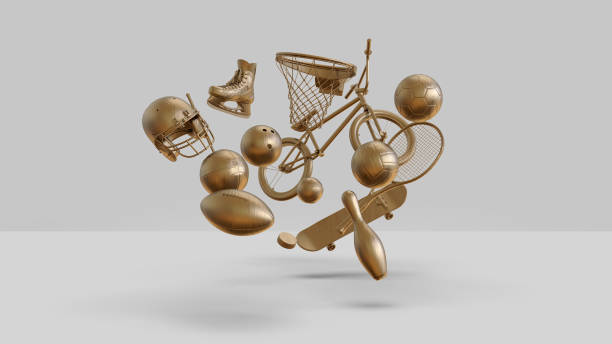 istock Random gold sports equipments on simple background. Minimalist 3D illustration 1199732221