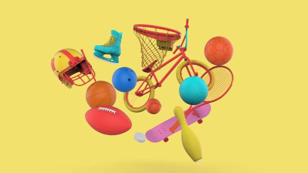 istock Random colors sports equipments on yellow background 1199732253